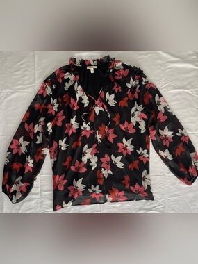 Sheer Black Floral Tie-Neck Blouse with Pink Red & White Blooms